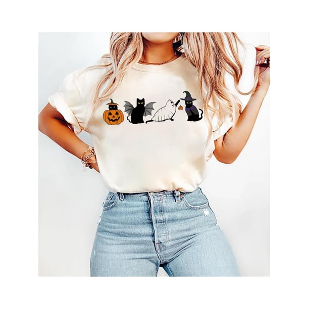 Halloween T-Shirt Ghost Cat Shirt Women Cat Lover Gift Spooky Black Cat Graphic Tees Short Sleeve Fall Tops