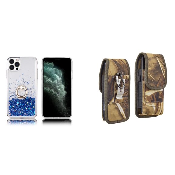 Waterfall Liquid Glitter Stand Case and Belt Holster Pouch for iPhone 14 Pro (Blue/Camo)