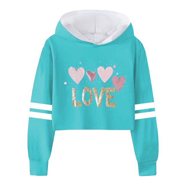 FAOWME Child Girls Long Sleeve Letters Solid Color Crop Sweatshirt Hoodie Pullover Tops For Kids Sky Blue 3-4 Years