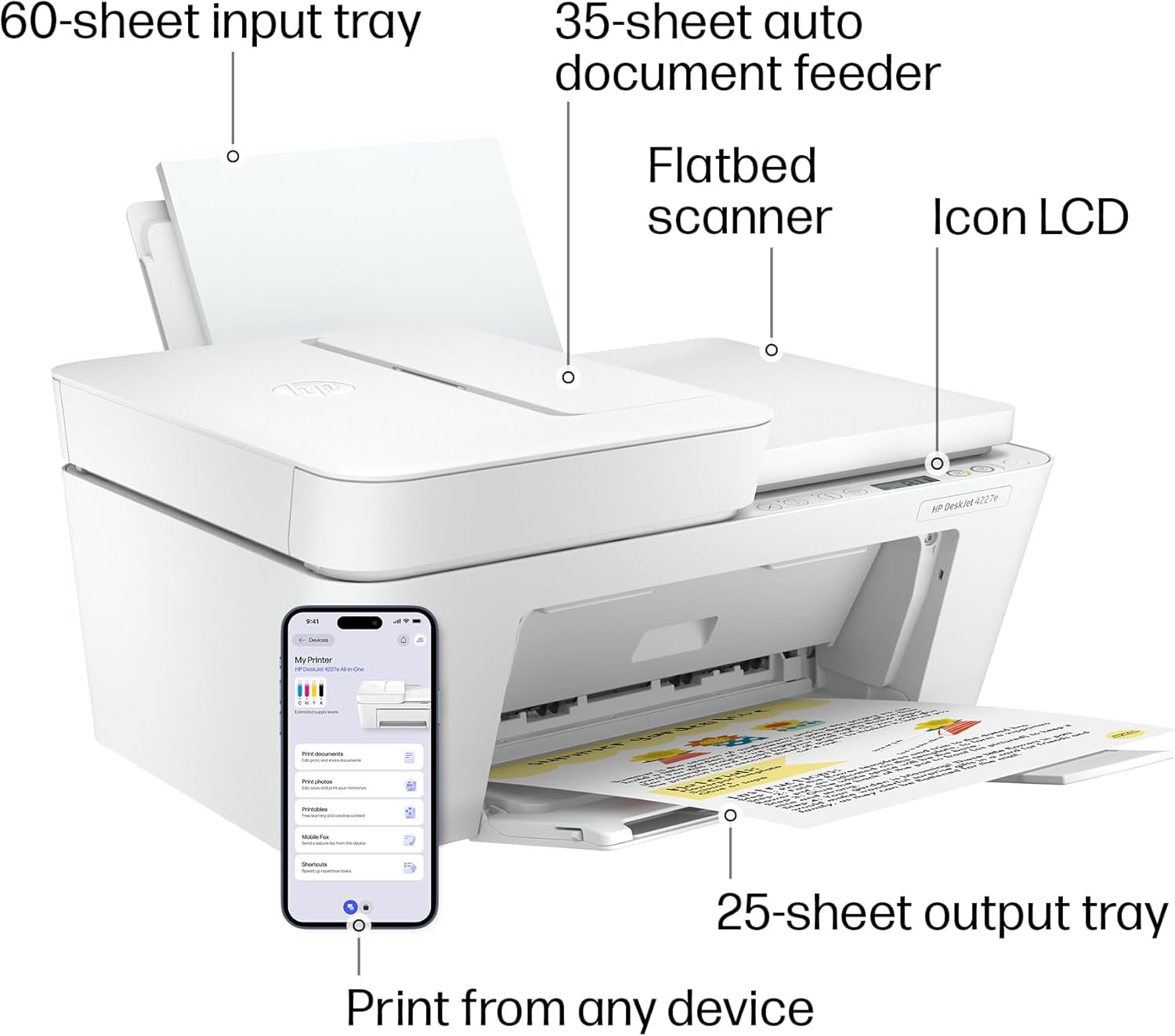 HP DeskJet 4227e Wireless All-in-One Color Inkjet Printer, Scanner, Copier, Best-for-Home, 3 Month Instant Ink Trial Included, AI-Enabled (6W7F0A)