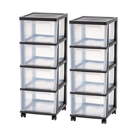 4-Drawer Narrow Plastic Storage Drawer Cart, Black, Set of 2