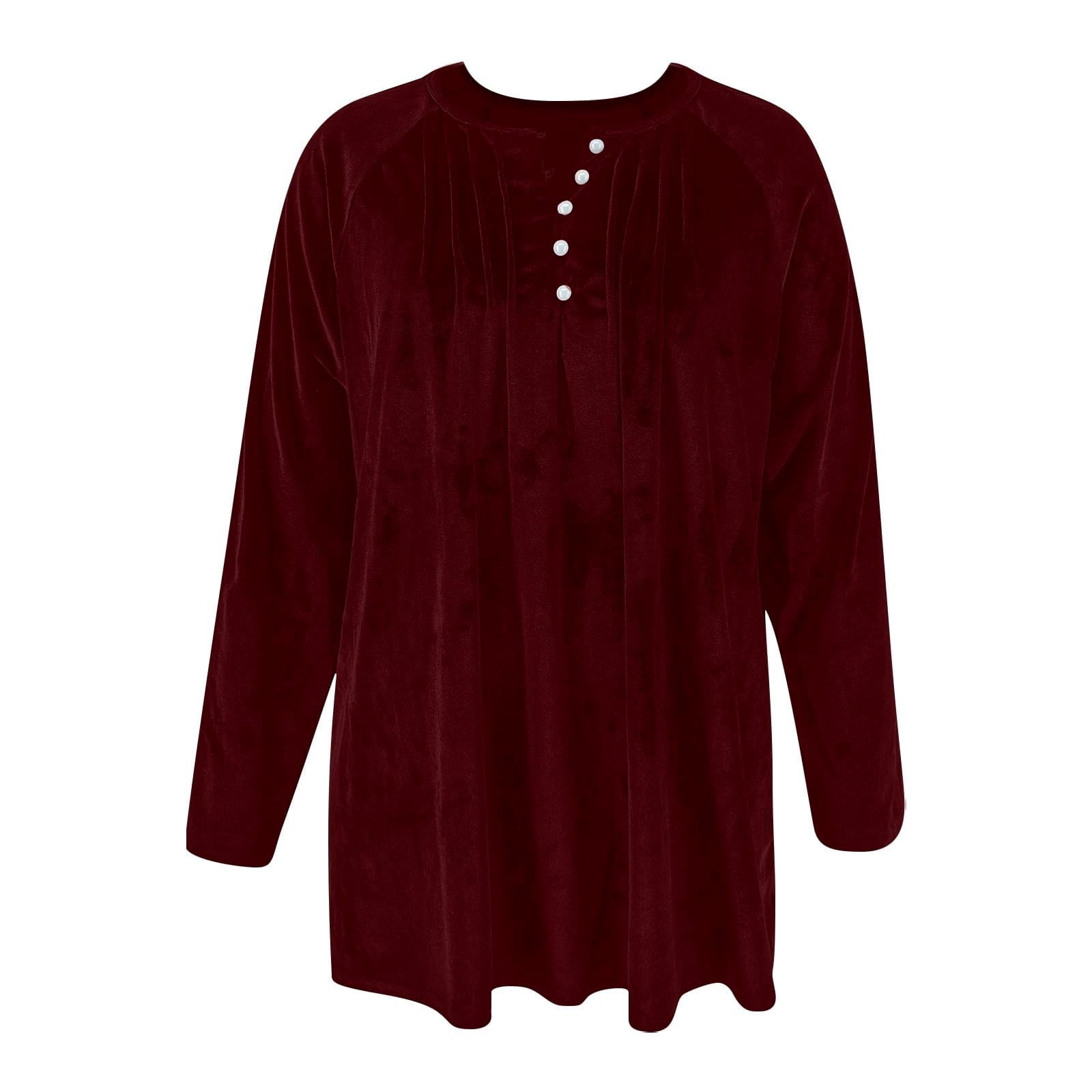 ylioge Velvet-Shirts for Women Plus Size S-5X Long Sleeve Tunic Tops Womens Trendy Solid Color Pullover Button Crewneck Pleated Raglan Blouses Top