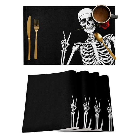 Red Rose Skull Placemats Set of 2 Funny Skeleton Black Halloween Abstract Heat Insulation Washable Place Mats, Rustic Non-Slip Table Mats for Dining Table Party Kitchen Decor,13x19 Inch