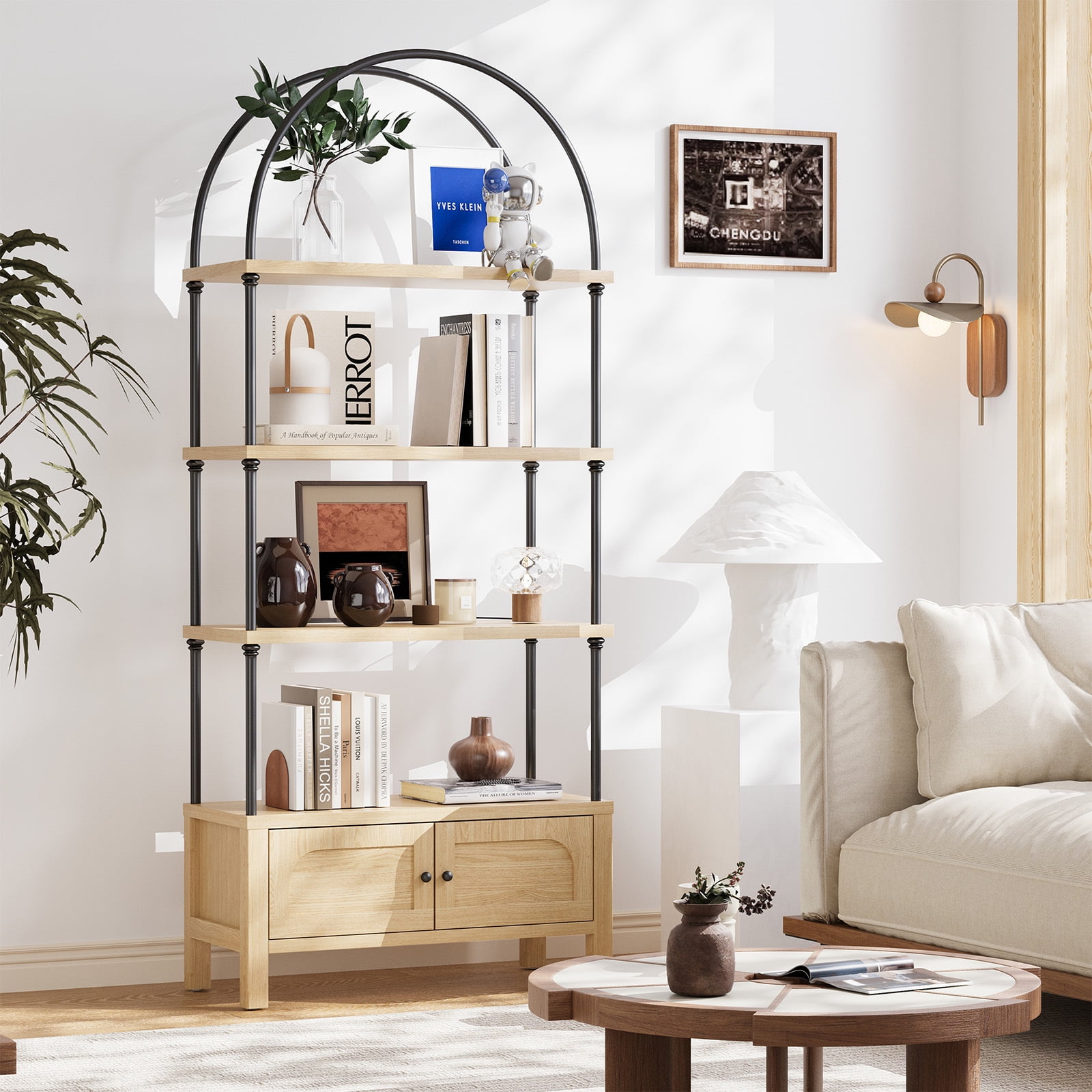 Furnibear Arched Bookshelf with Door 72 Inches Tall 5 Tier Storage Shelf with Cabinet,Modern Open Bookcase for Living Room or Home Office,Brown