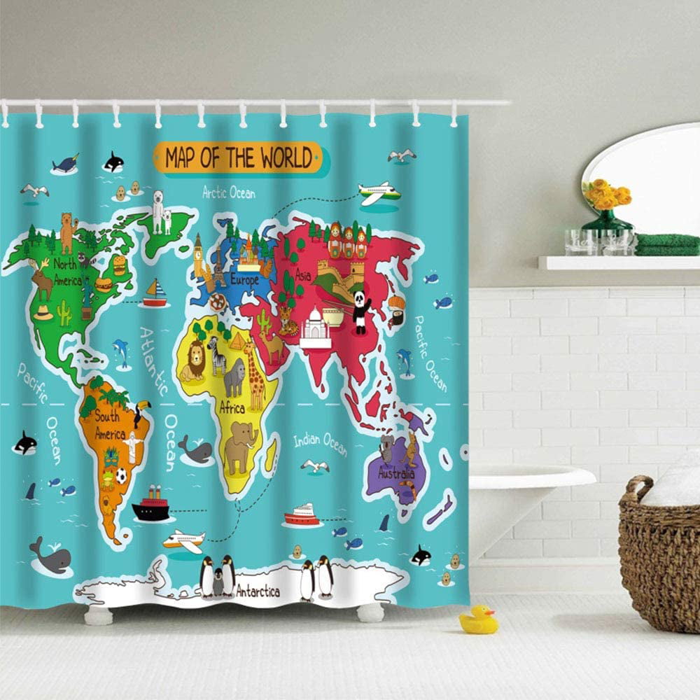The World Map Shower Curtains Bathroom Waterproof Polyester Fabric 12hooks 71'' 
