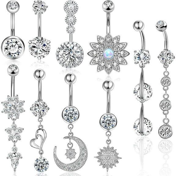 Belly Button Piercing Ring for Women Girls, 10 PCS 14G Surgical Steel Belly Button Rings Barbell Jewelry Rings Bulk for Body Piercing with Long Bar