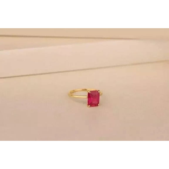 Emerald Cut Lab Created Red Ruby 14K Yellow Gold Plated Sterling Silver Solitaire Women's Ring