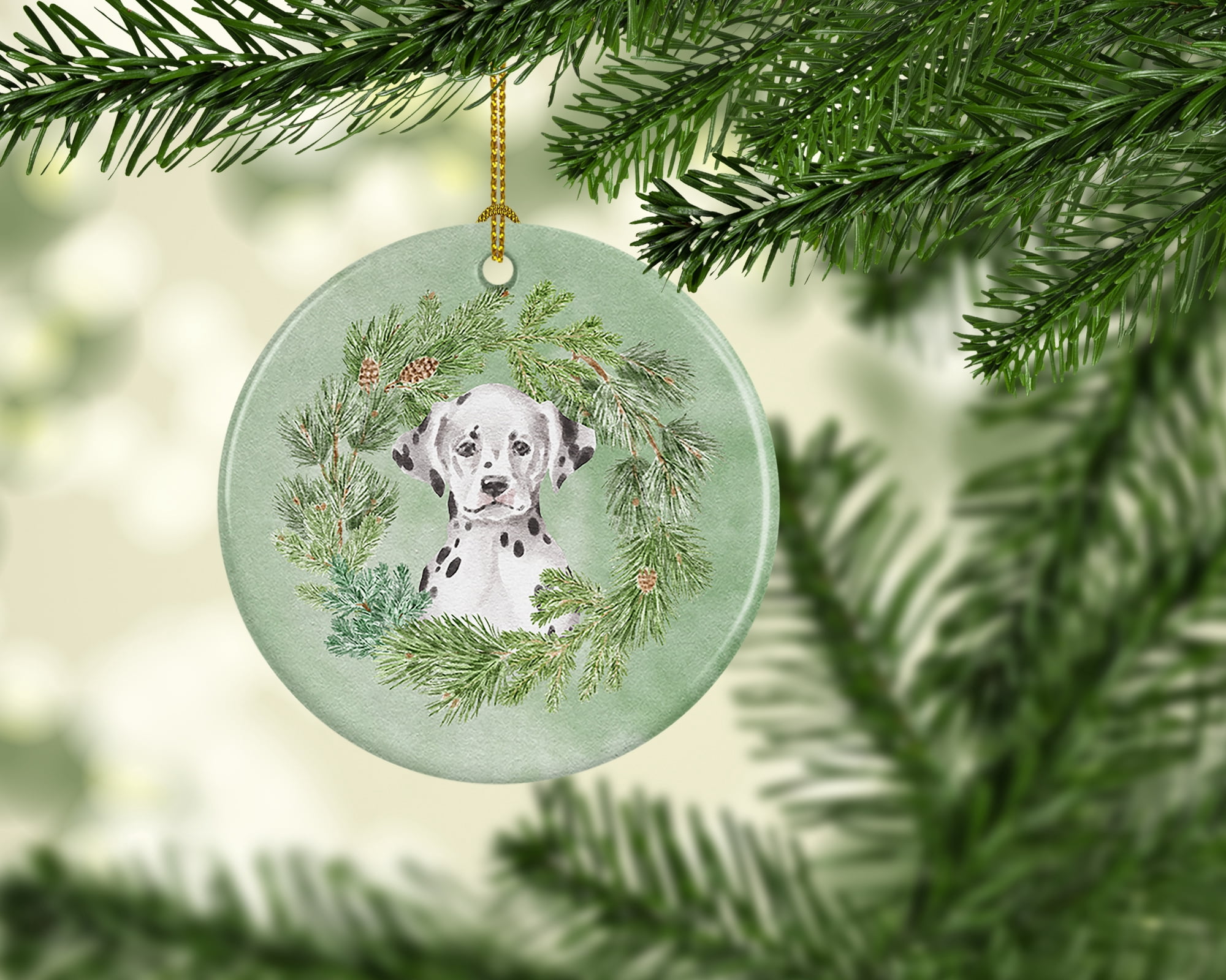 Dalmatian Puppy Sitting Pretty Christmas Wreath Ceramic Ornament 2.8 in x 2.8 in