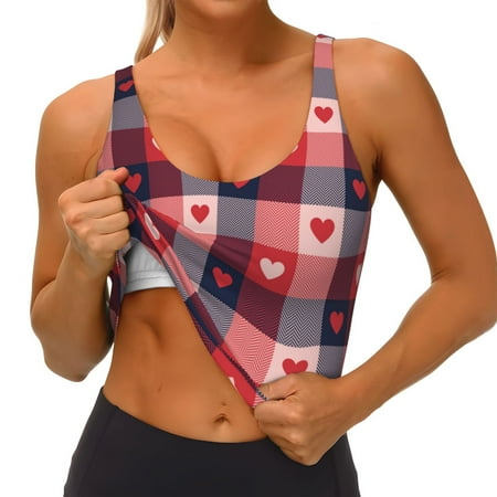 Qokaie Heart Plaid Pattern Womens Scoop Neck Sports Bra Breathable Workout Vest Padded U Back Medium Impact Fitness Gym Yoga Bra Workout Crop Top