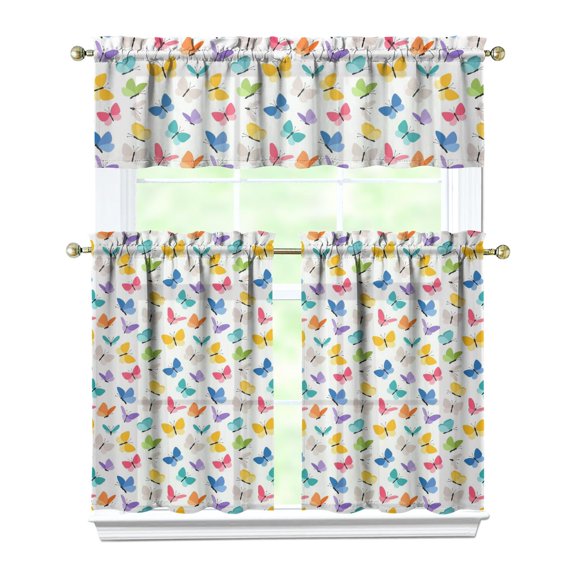 Kitchen Curtains 36 Inch Short - 3 Panel Set with Colorful Butterfly Floral Pattern, Rod Pocket Window Curtain, 100% Polyester for Butterfly Lovers, Farmhouse, Kitchen, Bedroom, Easy Wash