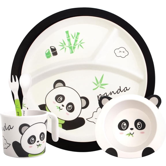 BPPEG Bamboo Toddler Dinnerware Set,5Pcs Baby Plates and Bowls,Kids Dinnerware Set,Bamboo Kids Plates and Bowls Set,Christmas Kids Dishes Dinnerware Sets with Plate,Bowl,Cup,Fork and Spoon (Panda)