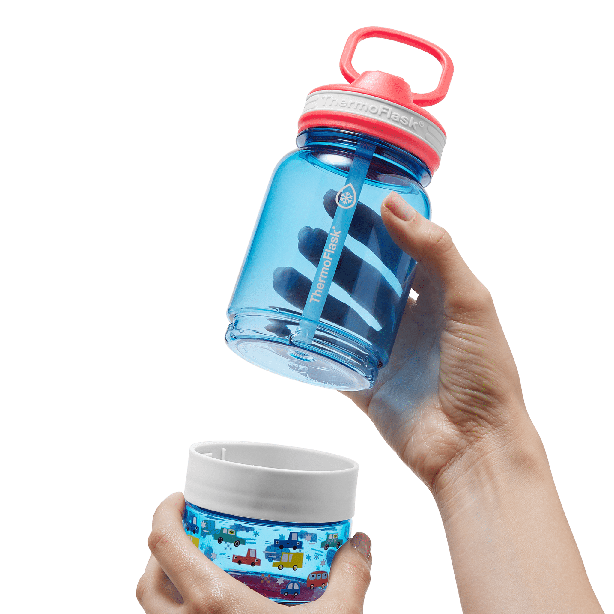ThermoFlask 14 oz 2-in-1 Snack and Sip Durable Tritan Bottle with Integrated Snack Cup Compartment - Leakproof Folding Straw Lid - Protective Bumper - Cars Design