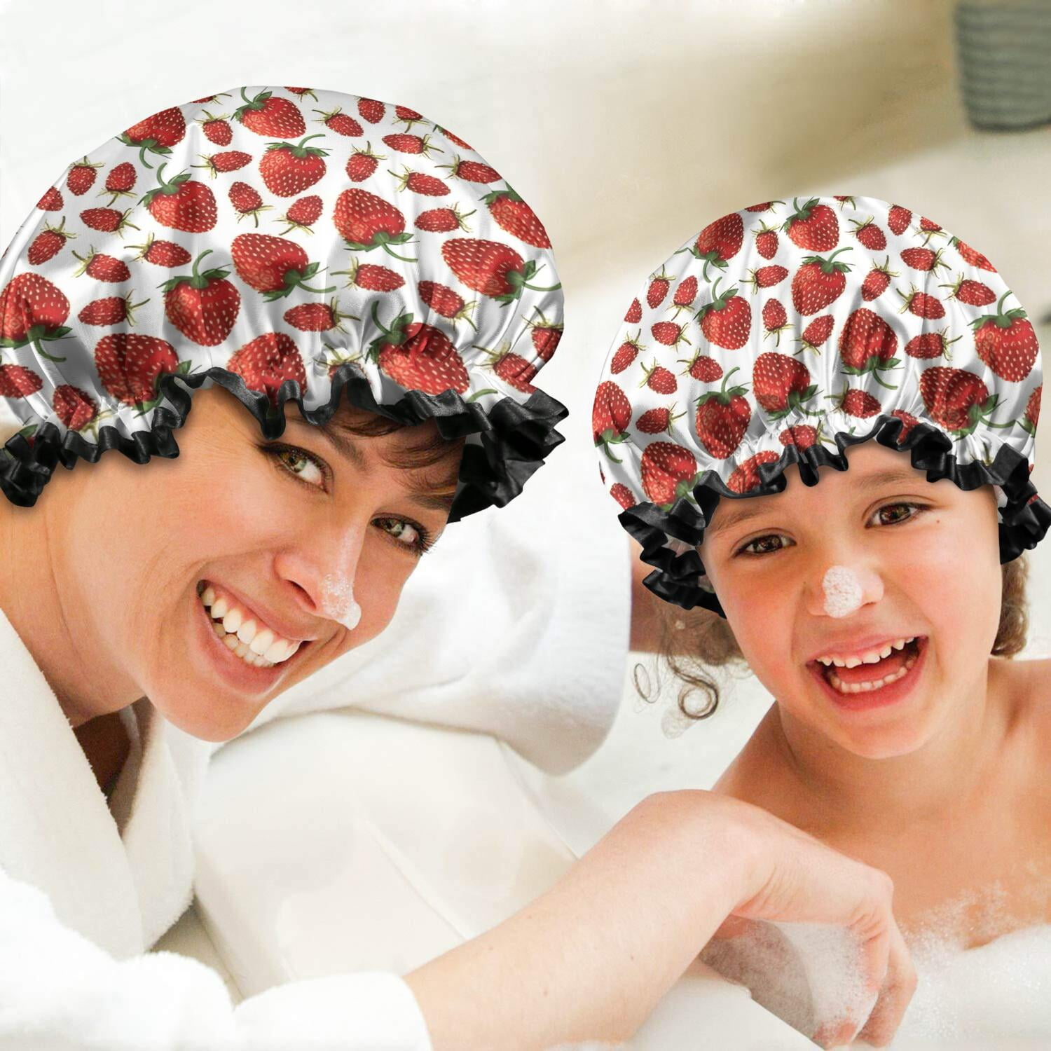 Shower Caps,Red Strawberry Plants Fruit White Pattern Waterproof Shower Cap for Women 4 Pieces,Double Reusable Hair Cover for Shower PEVA Elastic Stretch Hem