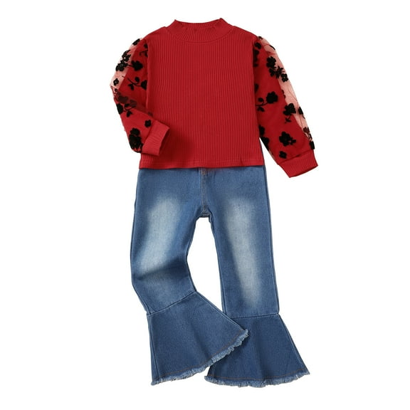 6Y Little Girls Clothes 7Y Girls Denim Pant Set Outfits Set Little Girls Long Sleeve Solid Color Jeans Pants 2PCS Set Red