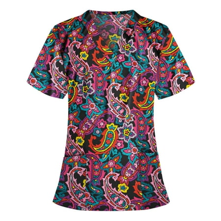 

Women Valentine s Day Scrubs Tops Nurse Working Uniforms Love Heart Print V Neck Short Sleeve Slim Fit Shirts
