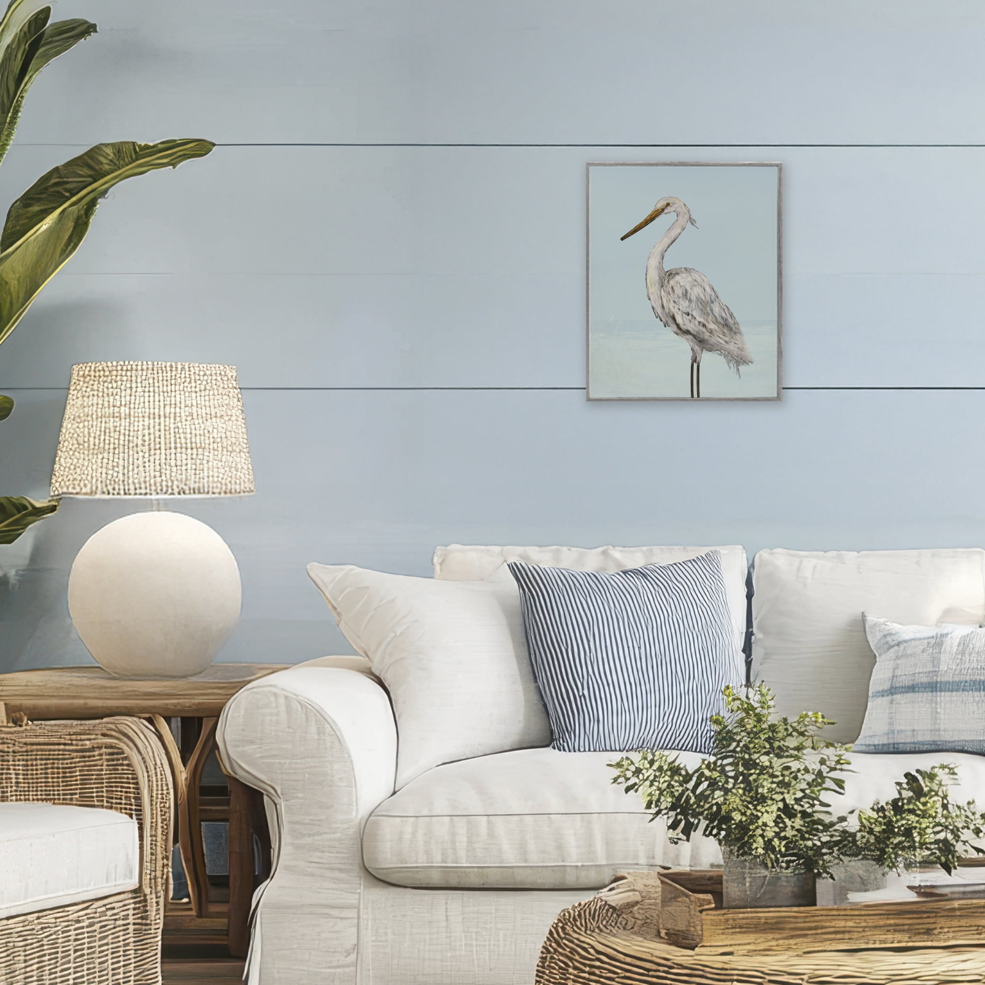 Stupell Industries Coastal Heron Muted Blue Gray Framed Giclee Art, design by Julie DeRice