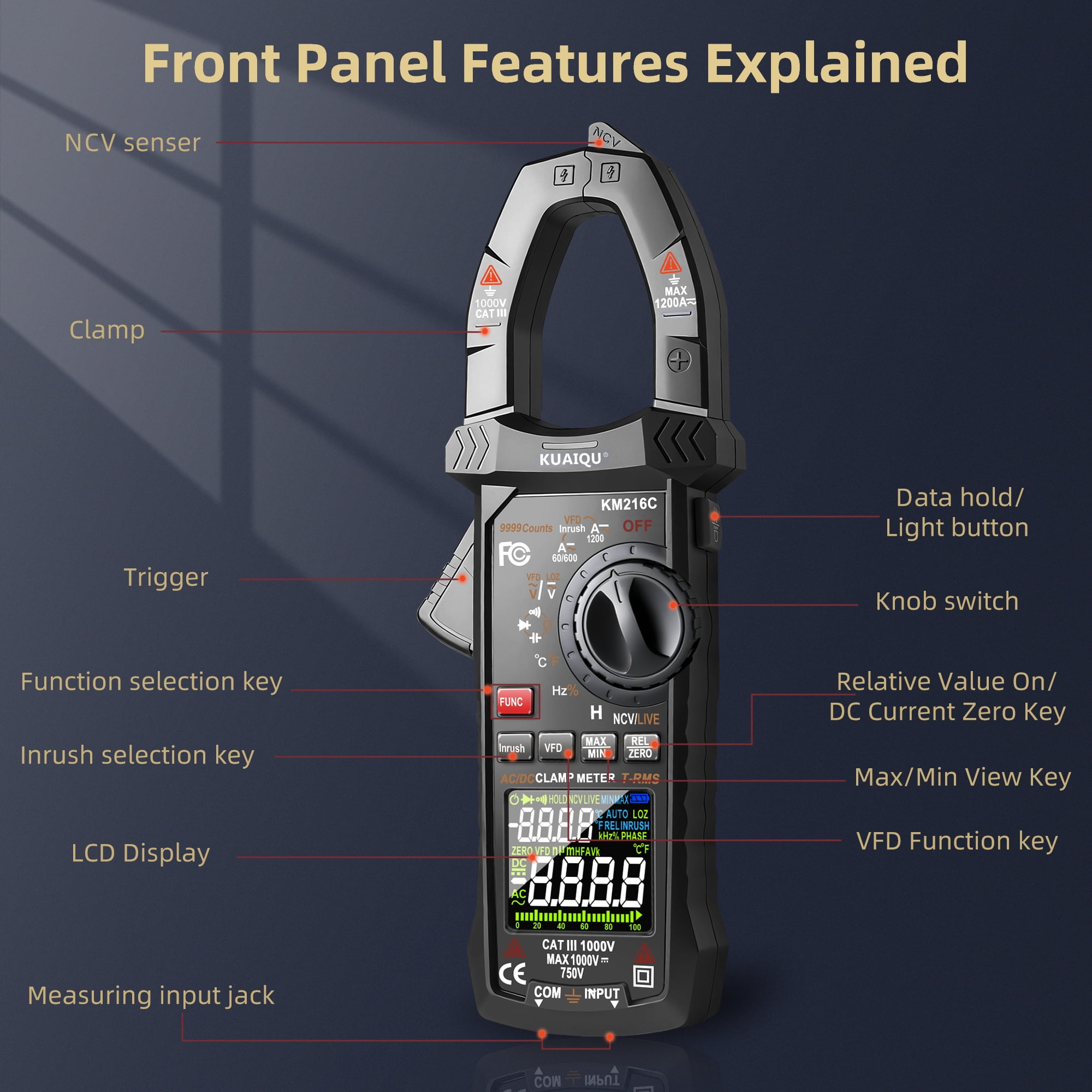 Kuaiqu Digital Clamp Meter KM216C T-RMS 9999 Counts 1200A AC/DC Current Amp Volt Meter  with VFD LOZ Mode Inrush NCV Temperature Resistance Capacitance Continuity