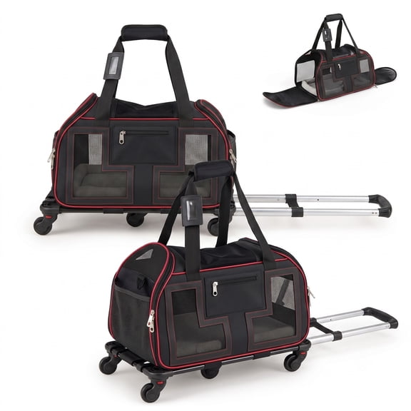 ALPULON Rolling Pet Carrier with Wheels, Telescopic Handle & Breathable Mesh Windows, Detachable Airline-Style Travel Bag for Small Dogs and Cats, Black Red