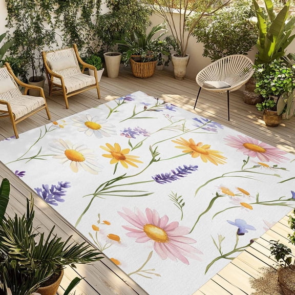 Fsddascl Pink Yellow Daisies Outdoor Rug for Patio/Deck/Porch, Non-Slip Large Area Rug 4 x 6 Ft, Spring Farmhouse Botanical Floral Indoor Outdoor Rugs Washable Area Rugs, Camping Rug Carpet
