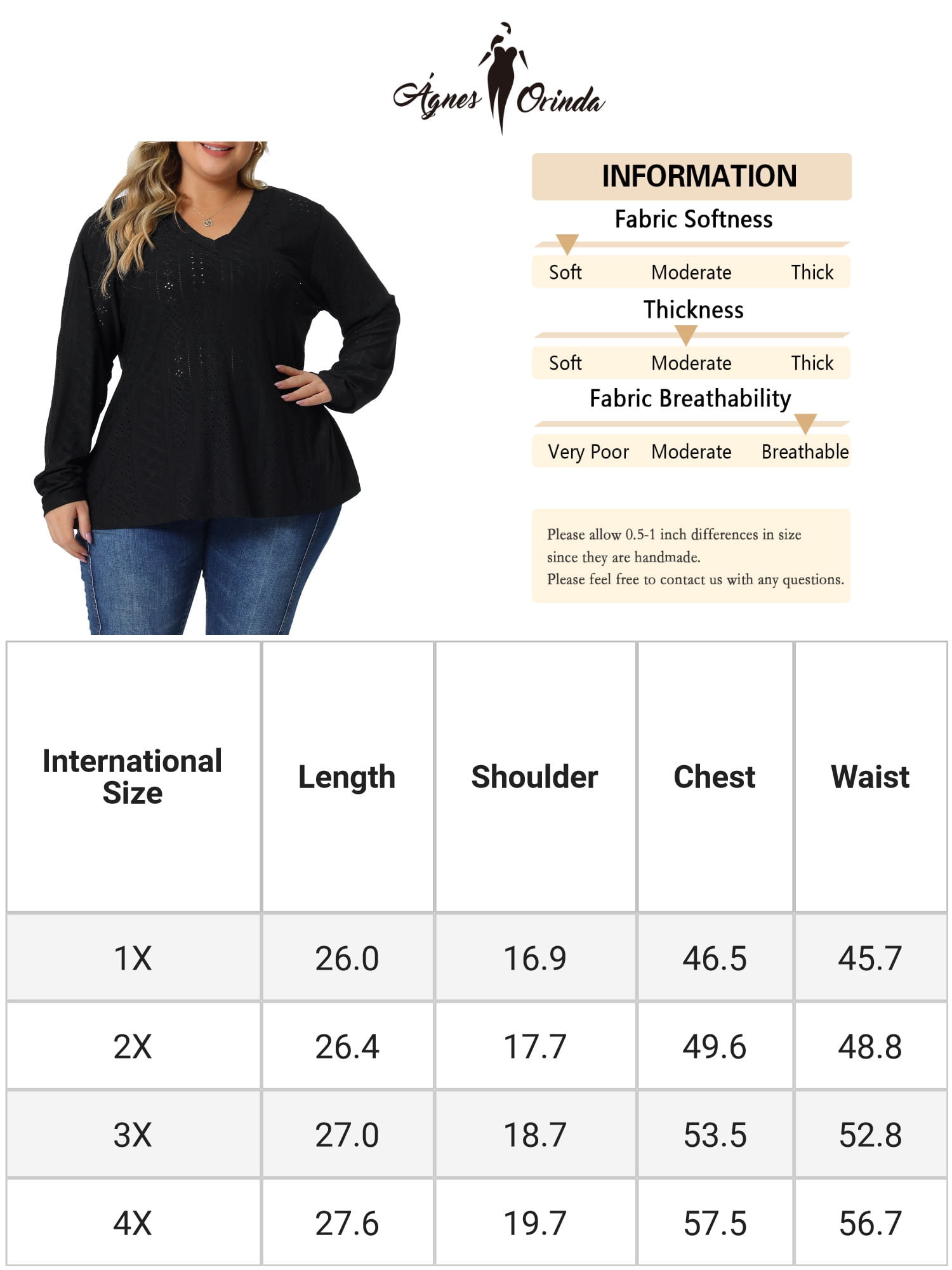 Unique Bargains Women's Plus Size V Neck Long Sleeve Hollow Blouse Tunic Tops 4X Black
