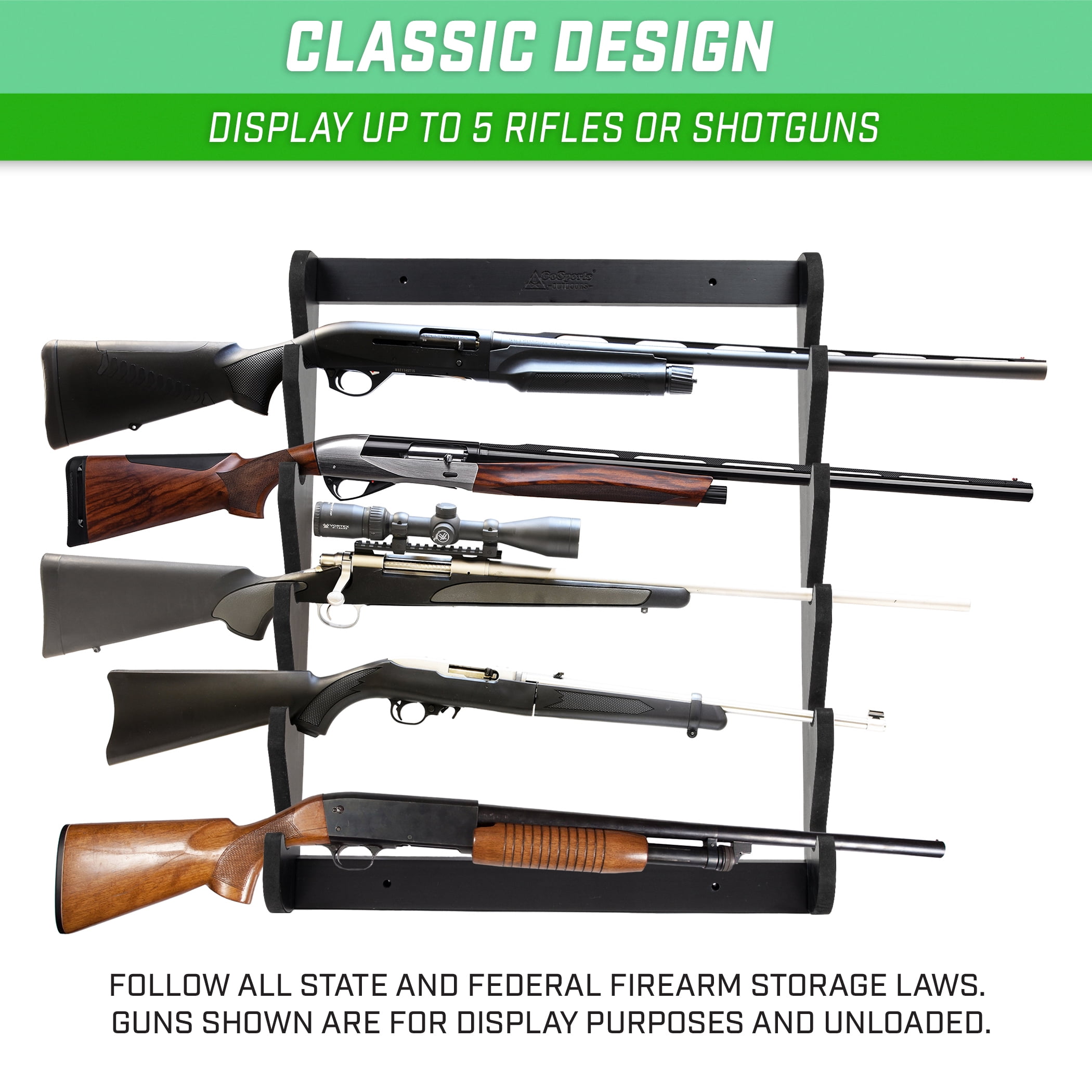 GoSports Outdoors Wall Mounted Firearm Display Rack with Premium Black Painted Pine - Holds 5 Rifles or Shotguns