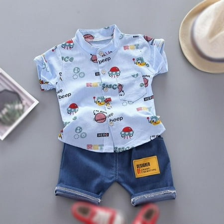 

Patgoal Summer Toddle Baby 2PCS Set For Boy Hamburger Cartoon Print Lapel Cotton T-shirt + Denim shorts Pants Children Sport Clothing