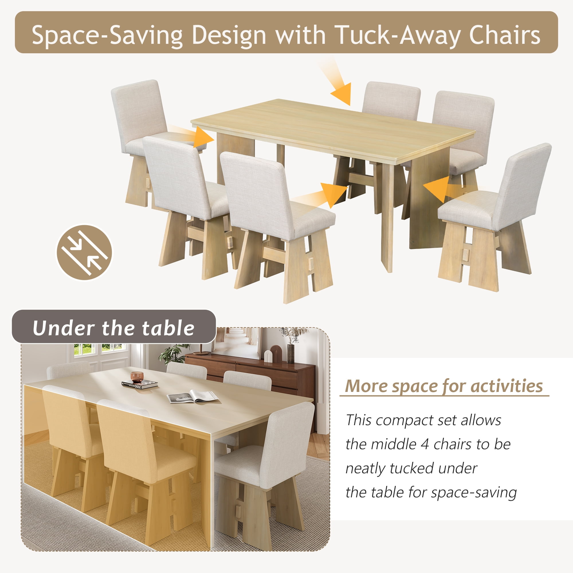 Euroco 7-Piece Dining Table Set for 6, 63.4" Wood Kitchen Table Set with Wood Frame and 6 Upholstered Dining Chairs,Kitchen Table Chairs Set for Dining Room Apartment,Natural