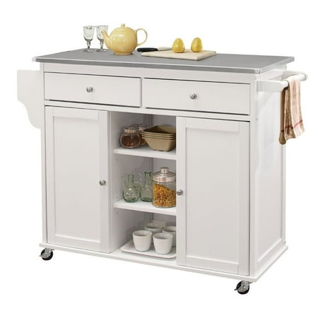 Bowery Hill Stainless Steel Top Mobile Kitchen Island in White
