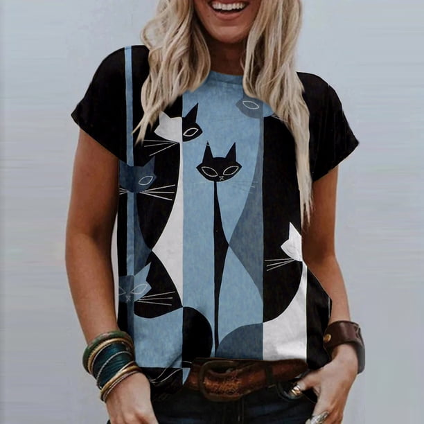 Puntoco Mujer Casual Camiseta Gato Impreso O-Cuello Manga Corta Jersey Blusa tops Puntoco Puntoco-1528