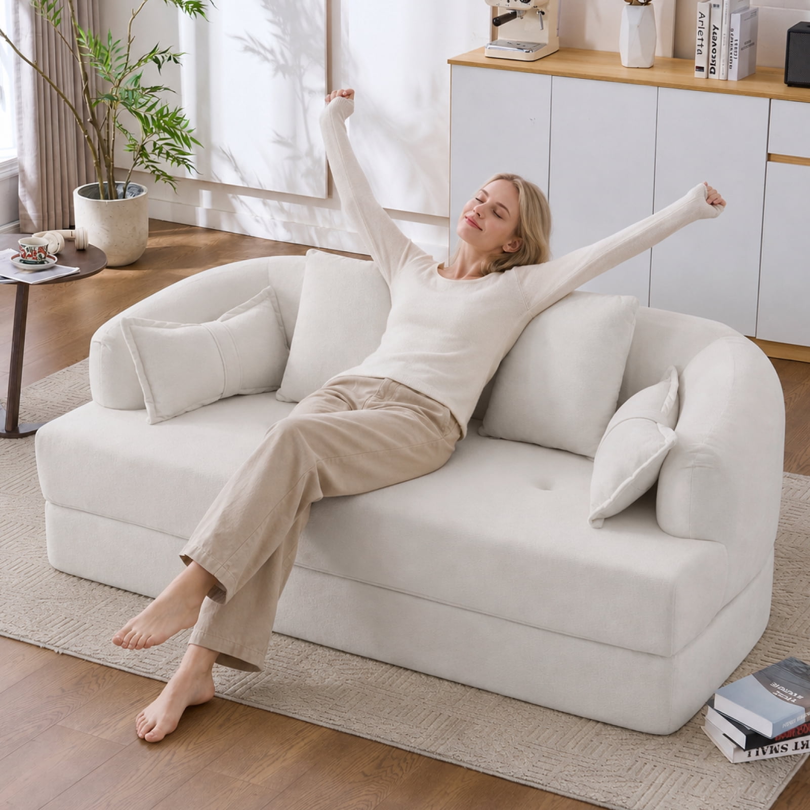 Lunale 70" Convertible Sofa Bed, 2-in-1 Sleeper Sofa, Chenille Boneless Couch for Small Spaces, White