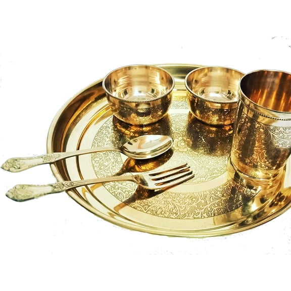 Pure Golden Brass Thali Set For Your Home & Restaurant With Many Ayurvedic Health Benefits - Set Of 6 Items | 1 Thali+ 2 Bowls+ 1 Glass+ 1 Spoon+ 1 Fork