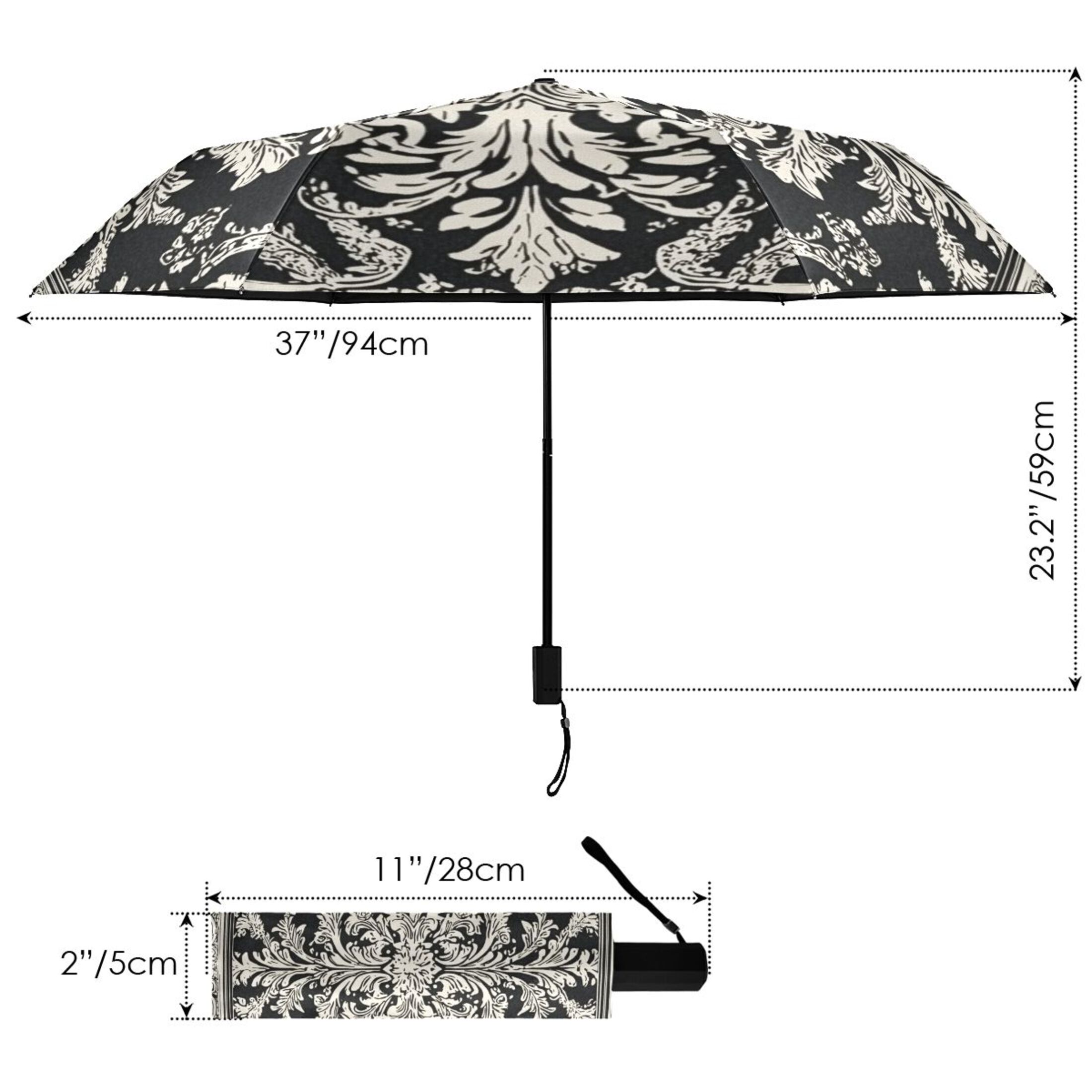 Black and White Paisley Flowers Pattern All Weather Umbrella Triple Folding Parasol 6 Ribs UV Protection Portable