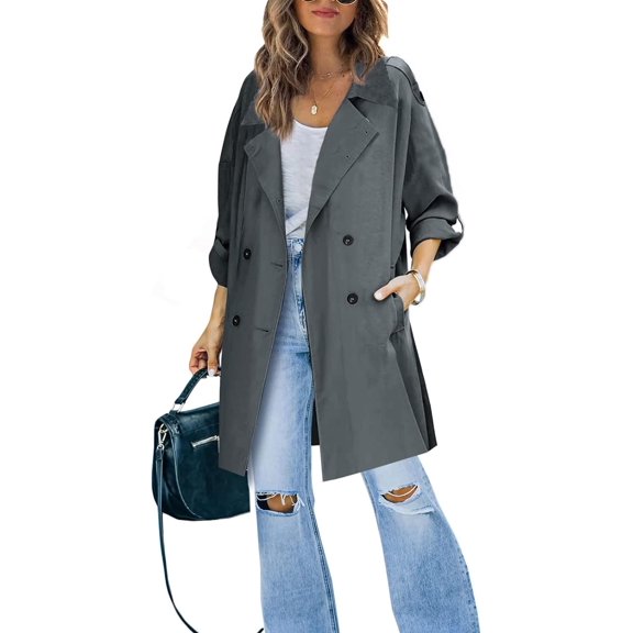 Kukuzhu Women's Coat Double Breasted Trench Coat Fall Winter Lightweight Windproof Classic Lapel Slim Overcoat with Belt