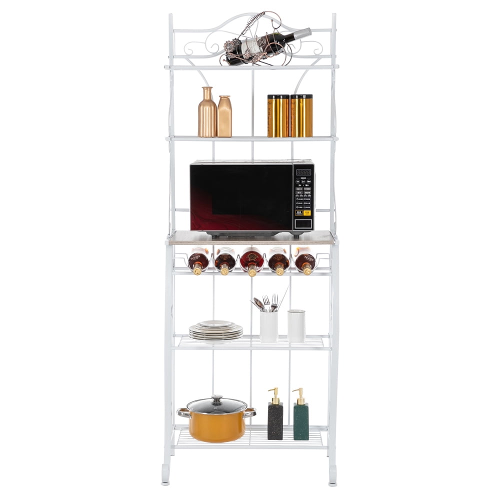 Kepooman 5-Layer Adjustable MDF Board Heavy Duty Storage Shelving Unit With Wine Rack Iron Kitchen Shelves, White Kepooman 5-Layer Adjustable MDF Board Heavy Duty Storage Shelving Unit With Wine Rack Iron Kitchen Shelves, White