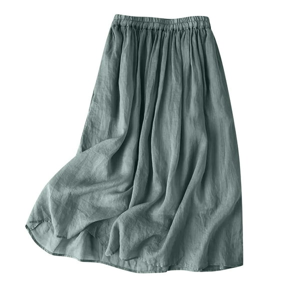 Gfyviroh Skirts for Women Lightweight Cotton Linen Pleated Elastc Waist Skirts Casual Solid Color Pull On Flowy Midi Skirts