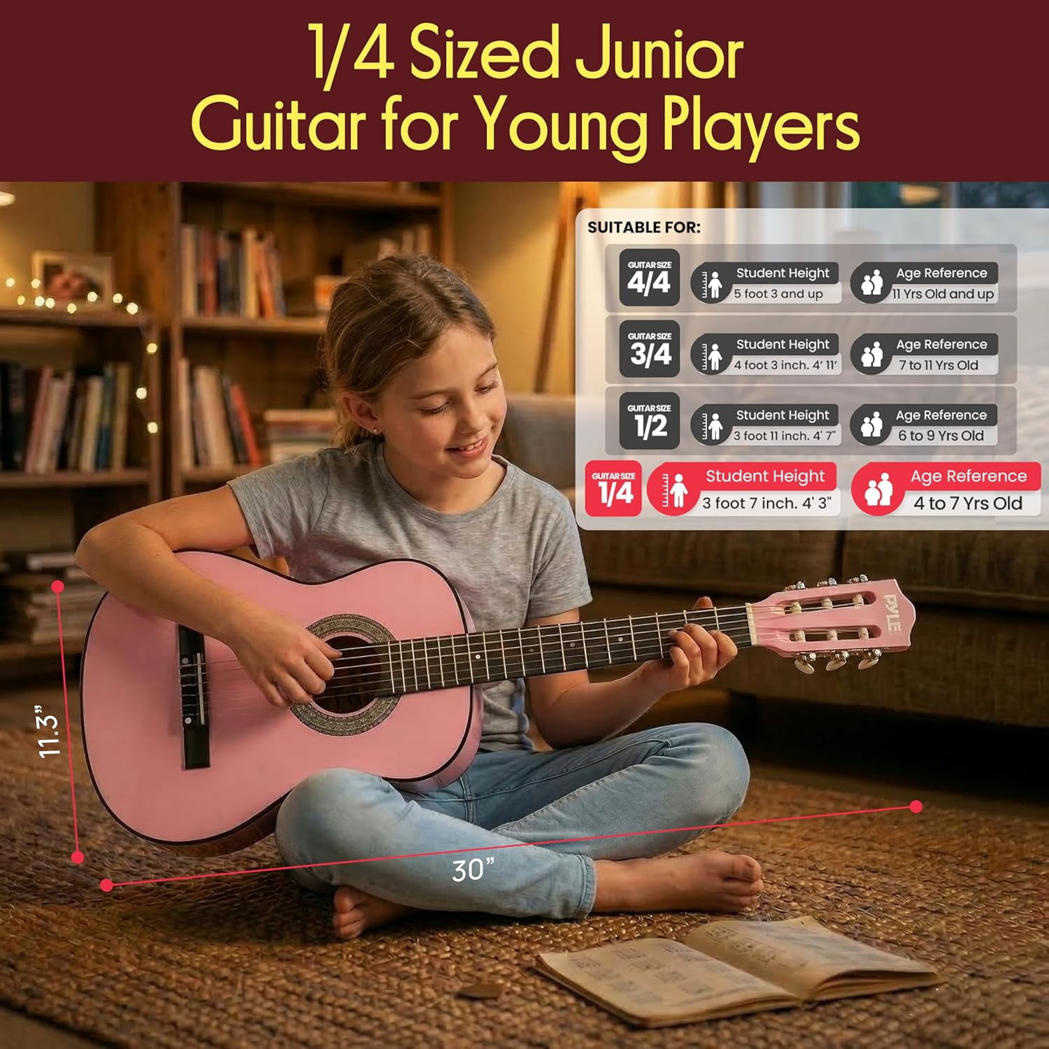 Pyle Beginner 6-String Acoustic Guitar Kit – Full-Size Guitar with Picks, Strap, Tuner & Gig Bag, Complete Starter Set for Easy Learning (Pink)