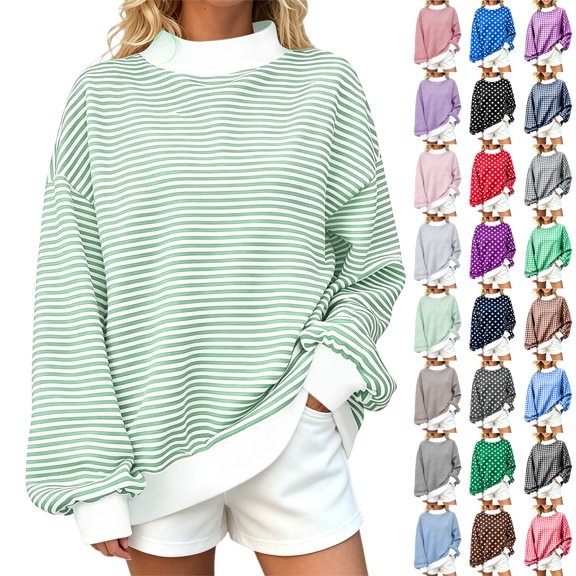 Axdhxbd Mock Neck Sweatshirt for Women Oversized Striped Sweatshirts Loose Fit Long Sleeve Drop Shoulder Pullover Fashion Streetwear S-5XL
