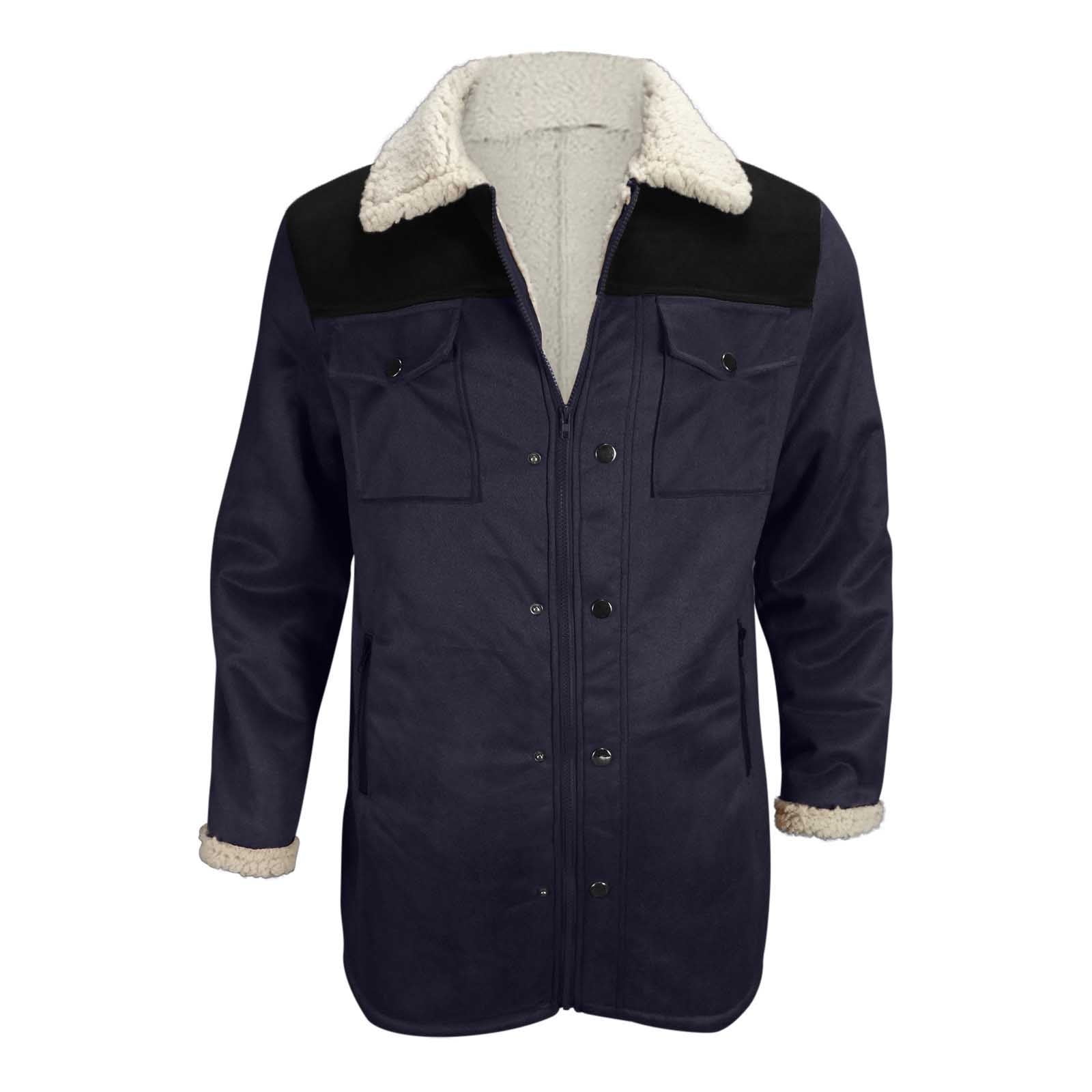 BLTIBY Mens Vintage Suede Jacket Plush Collar 2024 Faux Leather Jackets Men Zip Up Motorcycle Coat Coats Retro Tops Navy XL