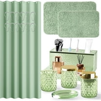 Bathroom Accessories Set - 20PCS Green Glass Bathroom Set with Shower Curtain and Rugs, Soap Dispenser, Soap Dish, Cup, Qtip Jar, Toothbrush Holder, Stylish & Functional Bath Decor for Home,