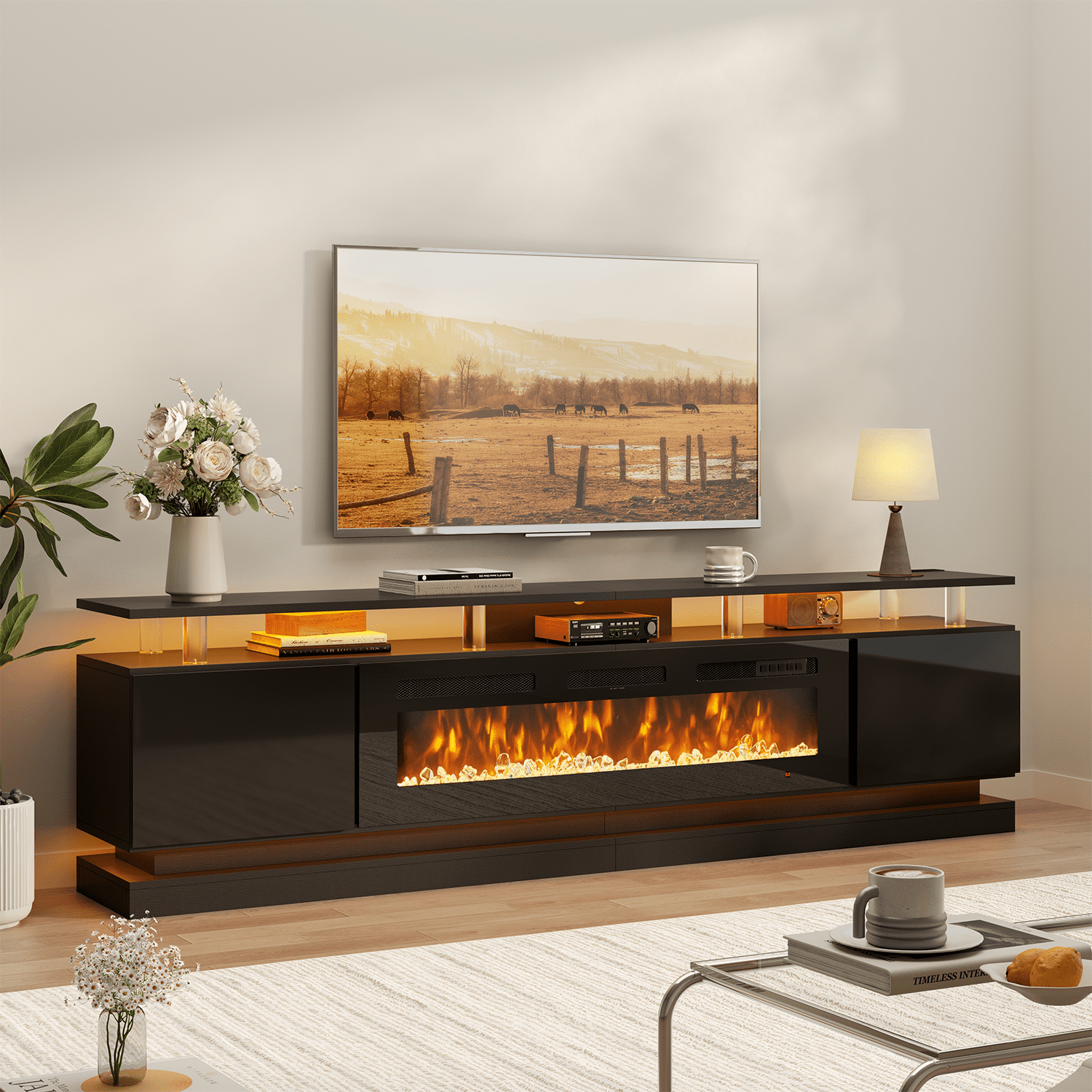 BaPiPro 90" Fireplace TV Stand for TVs up to 100", Modern Entertainment Center TV Console with Storage for Living Room, Black TV Stand and Black Fireplace