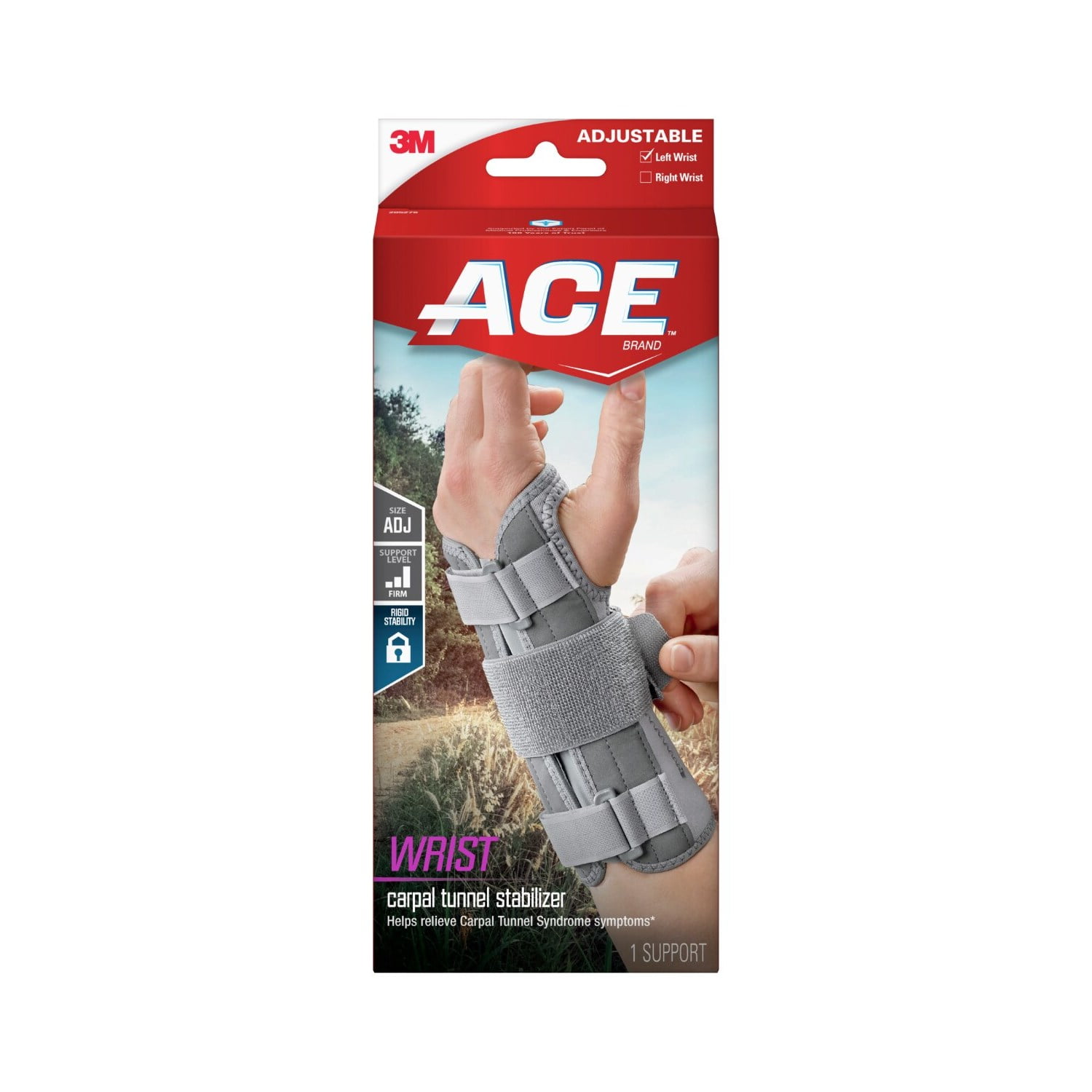 ACE Brand Carpal Tunnel Wrist Stabilizer, Left Wrist, Firm Stability, All Day Wear, 1 Support