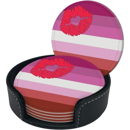 

Lipstick Lesbian Pride Flag LGBTQ Premium Leather Coasters - Set of 6 with Holder | Stylish Drink Coasters for Kitchen Coffee and Home Decor
