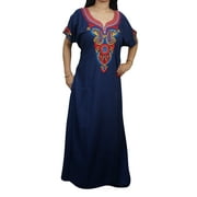 Mogul Womens Maxi Kaftan Embroidered Neckline Blue Cotton Caftan Nightwear House Dress