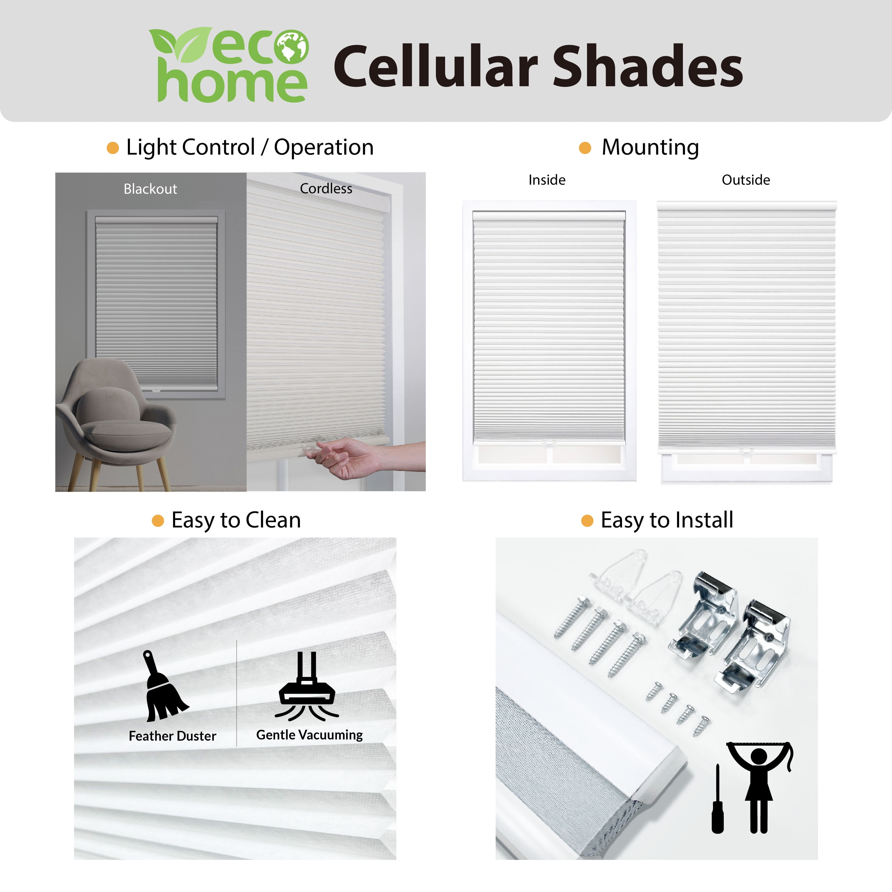 (2 pack) Mainstays Cordless Polyester Blackout Cellular Shade, 1-Piece, White, 32" W x 72" L