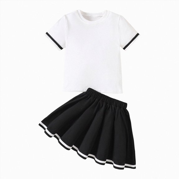 Xudanell Toddler Girl Outfits Short Sleeved Little Girl Tops and Solid Color Skirts Set Black 10-11 Years