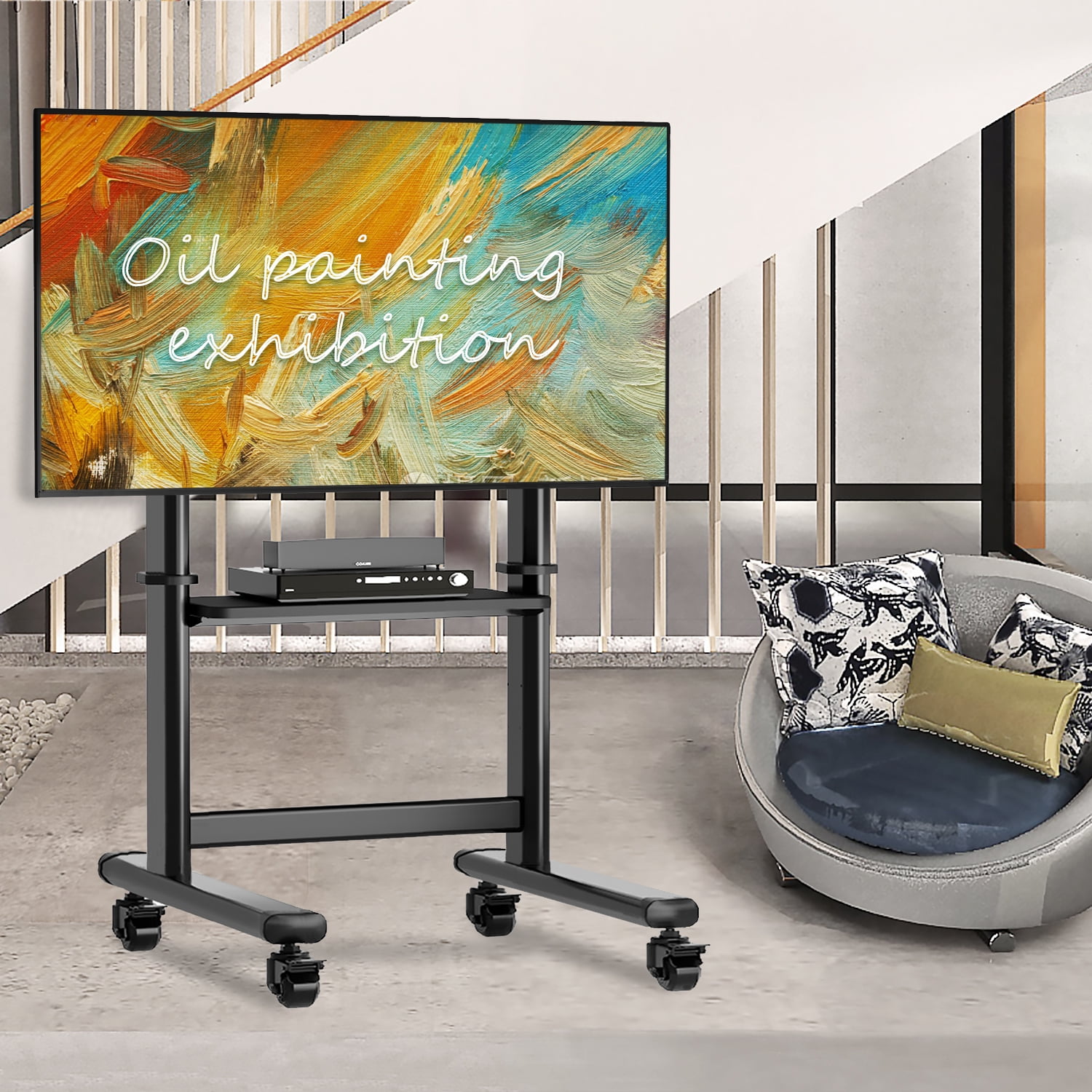 Black Mobile TV Stand Rolling TV Cart for 55 to 90 inch Flat Screen TVs，Holds Up to 200lbs