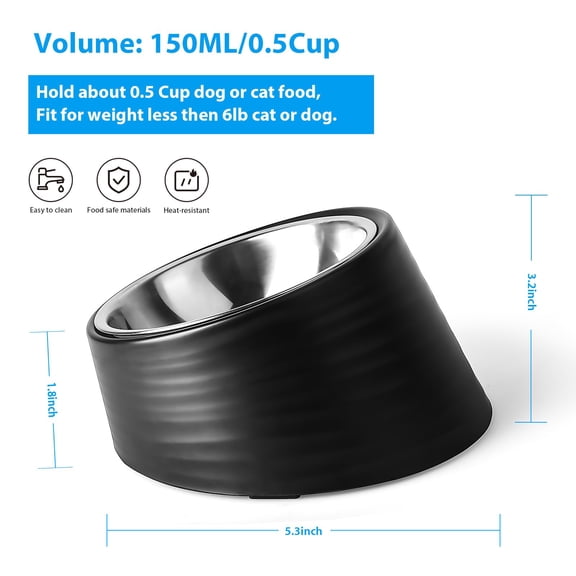 Dog Bowl 1 Cup, 15° Tilted Stainless Steel Dog Cat Food Bowl, Non-Slip & Non-Spill Pet Feeder with Elevated Detachable Melamine Stand, Easy to Get Food Dish, Medium White