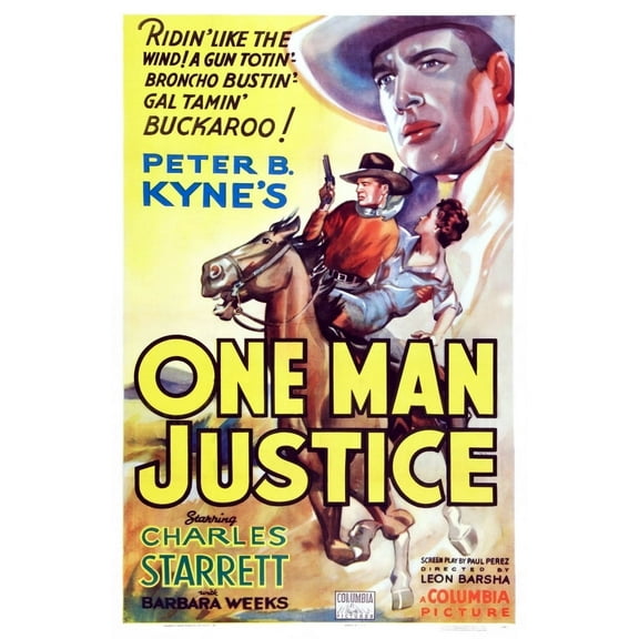One Man Justice Us Poster Art On Horse: Charles Starrett Barbara Weeks 1937 Movie Poster Masterprint