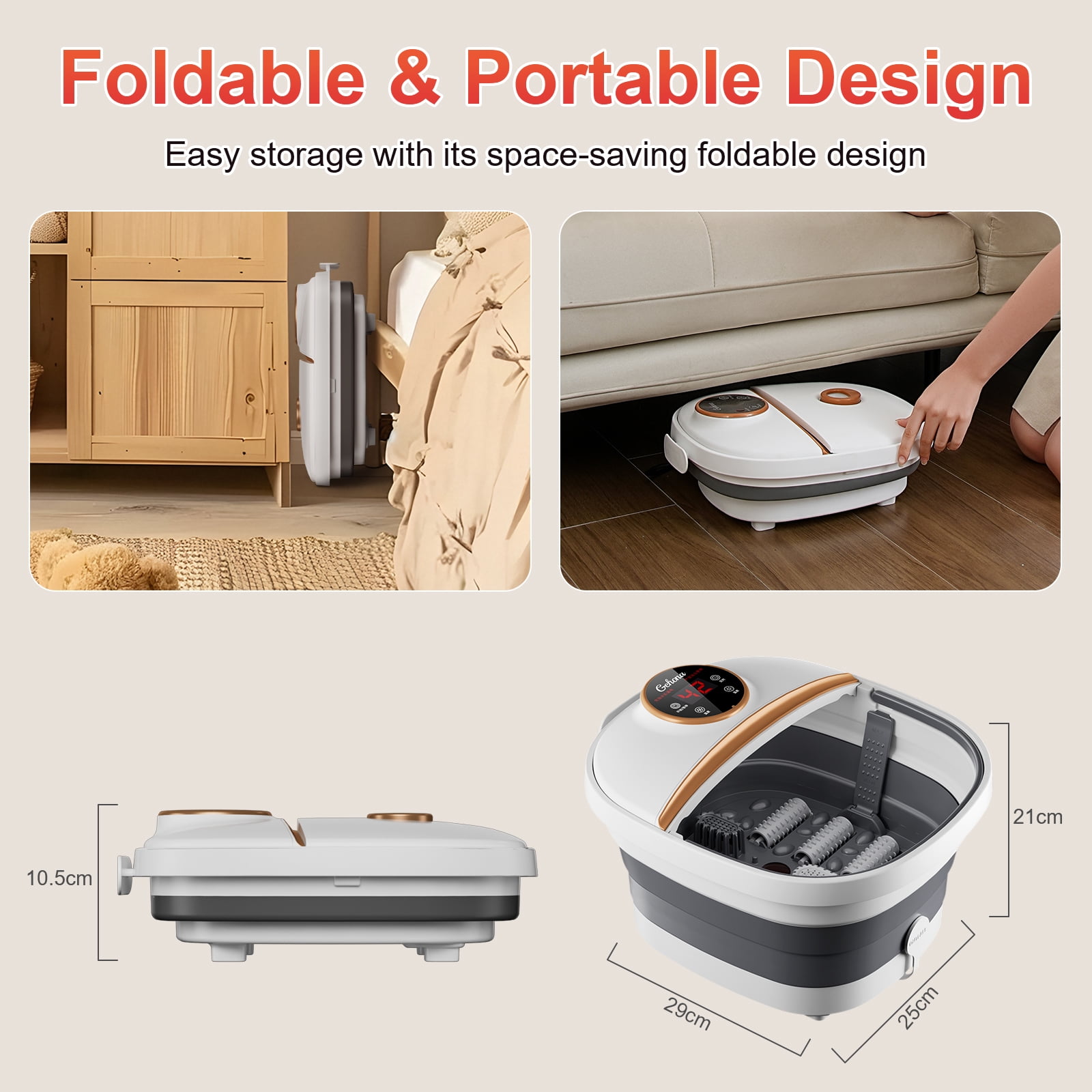 Gehona foot spa bath massager with heat｜6 Rotating Massge Rollers｜Heating & Bubble Function
