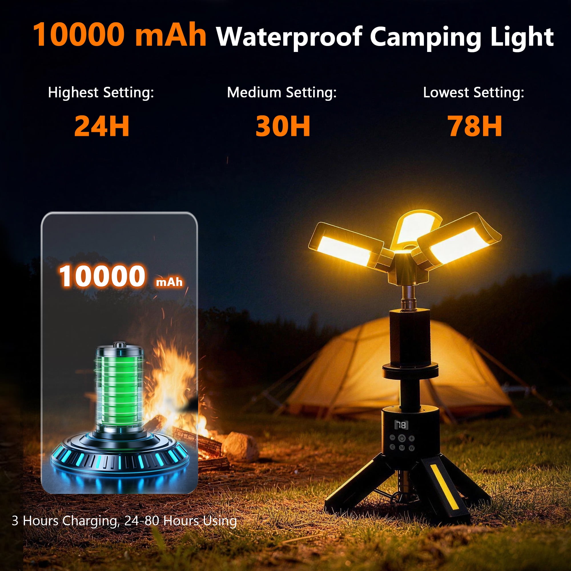 SaveJoy Camping Lantern Rechargeable Camping Gear, Telescopic Camp Light, Portable Waterproof LED Working Lantern, Foldable Outdoor Emergency Light with 8 Modes, Black